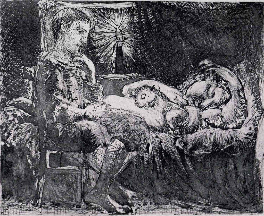A somber scene with a seated man and two resting children in a dark, textured setting.