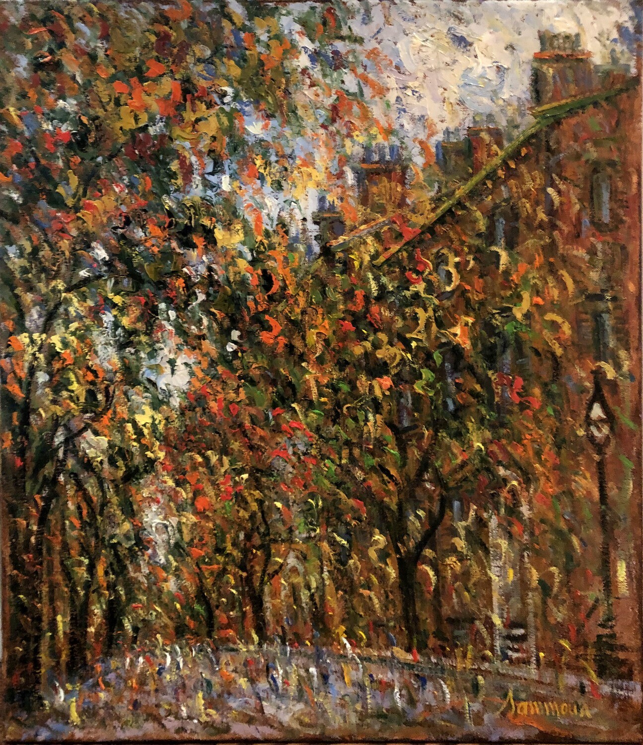An impressionistic autumn street scene with trees and a building.