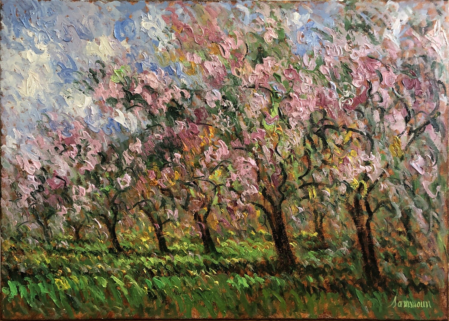 Impressionist painting of blossoming trees in a vibrant orchard. Impressionist painting of blossoming trees in a vibrant orchard.