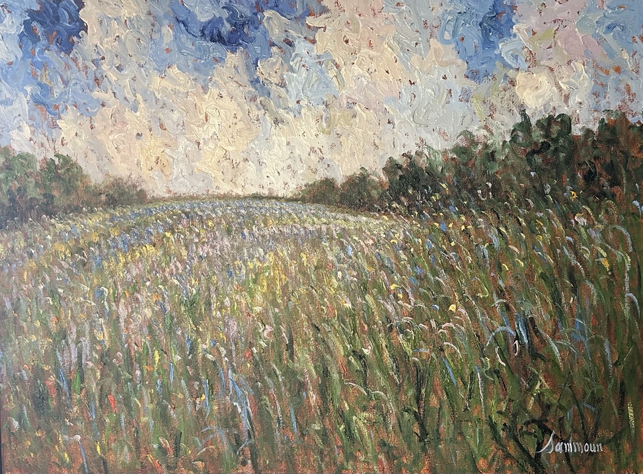Impressionist painting of a sunlit meadow under a cloudy sky. Impressionist painting of a sunlit meadow under a cloudy sky.