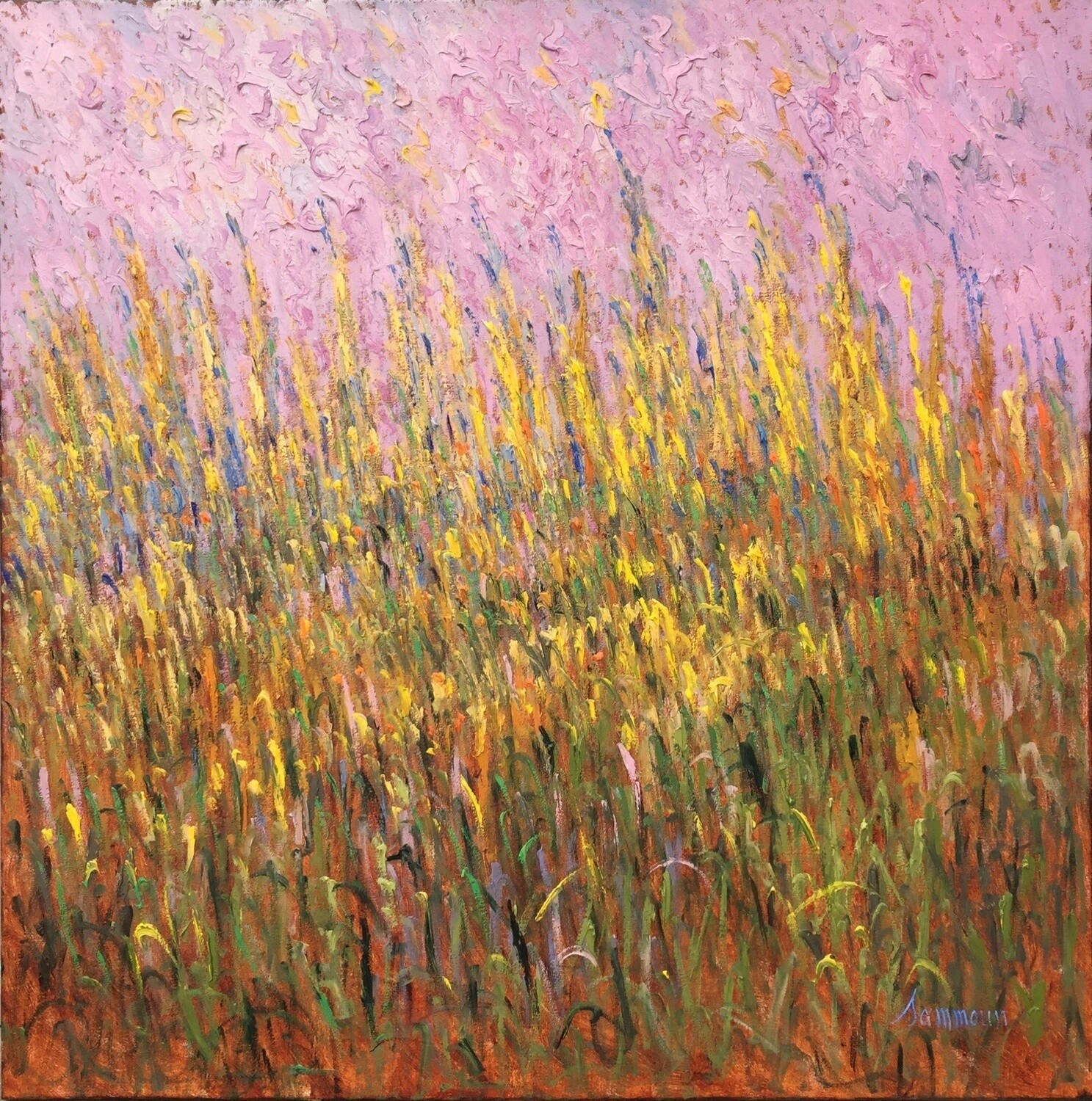 Impressionist painting of a grassy field with a pink sky. Impressionist painting of a grassy field with a pink sky.