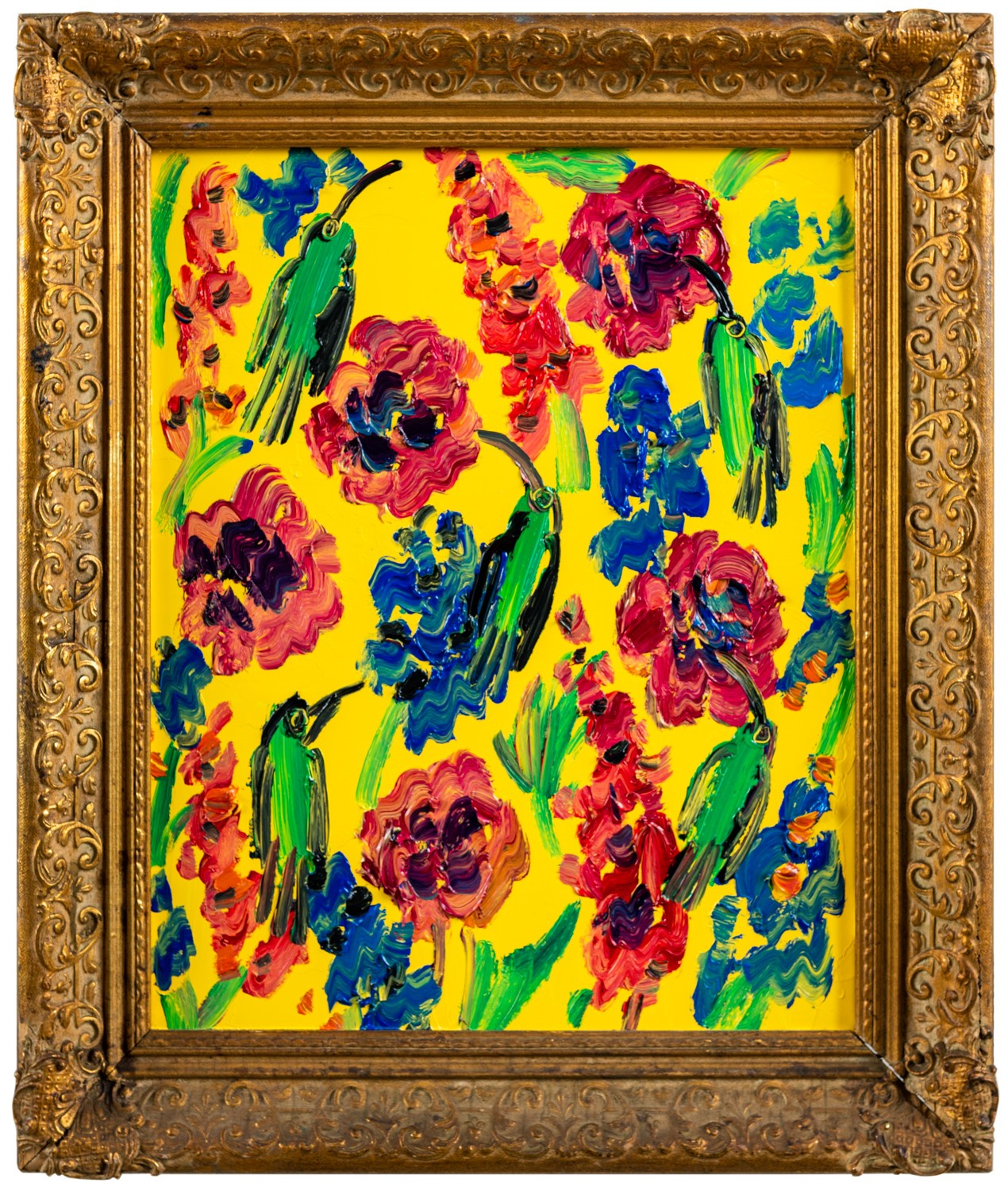 Vibrant floral painting with red flowers on a bright yellow background in an ornate gold frame.