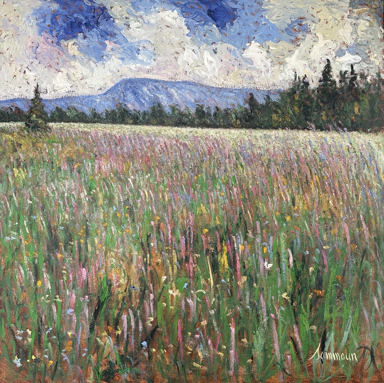 Impressionist painting of a wildflower meadow under a blue sky with distant mountains.