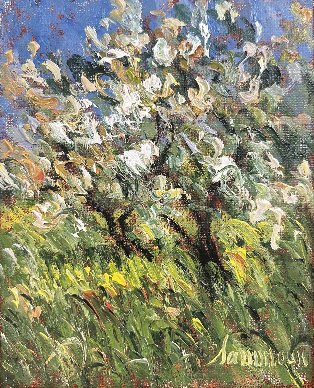 Impressionist painting of a blossoming tree in a vibrant garden. Impressionist painting of a blossoming tree in a vibrant garden.