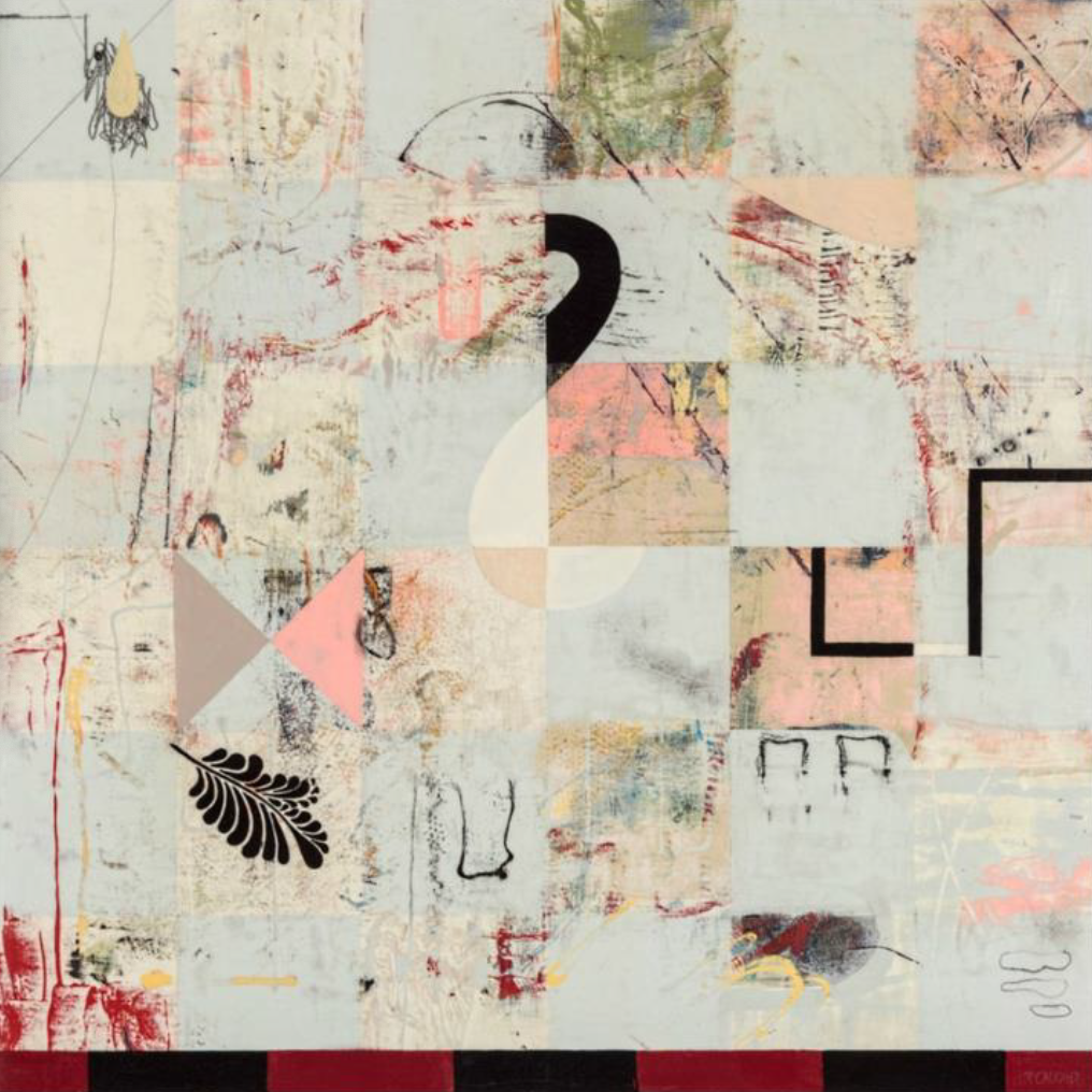 Abstract artwork with muted tones, geometric shapes, and scattered text elements. Abstract artwork with muted tones, geometric shapes, and scattered text elements.