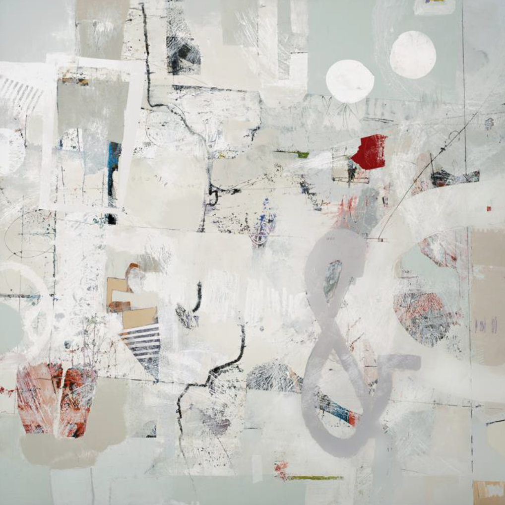 Abstract artwork featuring layered textures and muted colors with red accents. Abstract artwork featuring layered textures and muted colors with red accents.