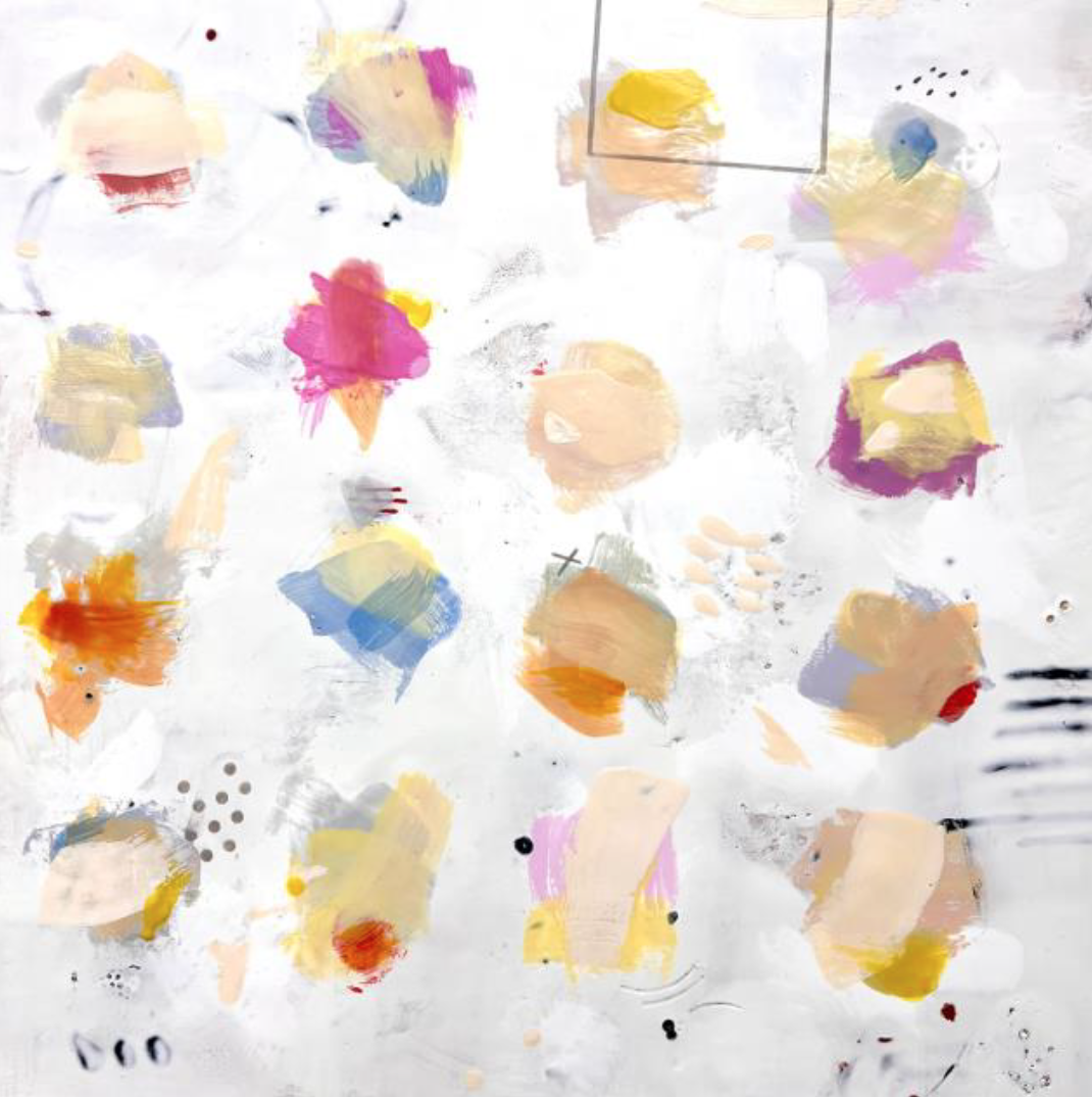 Abstract watercolor painting with soft pastel hues and scattered brushstrokes.