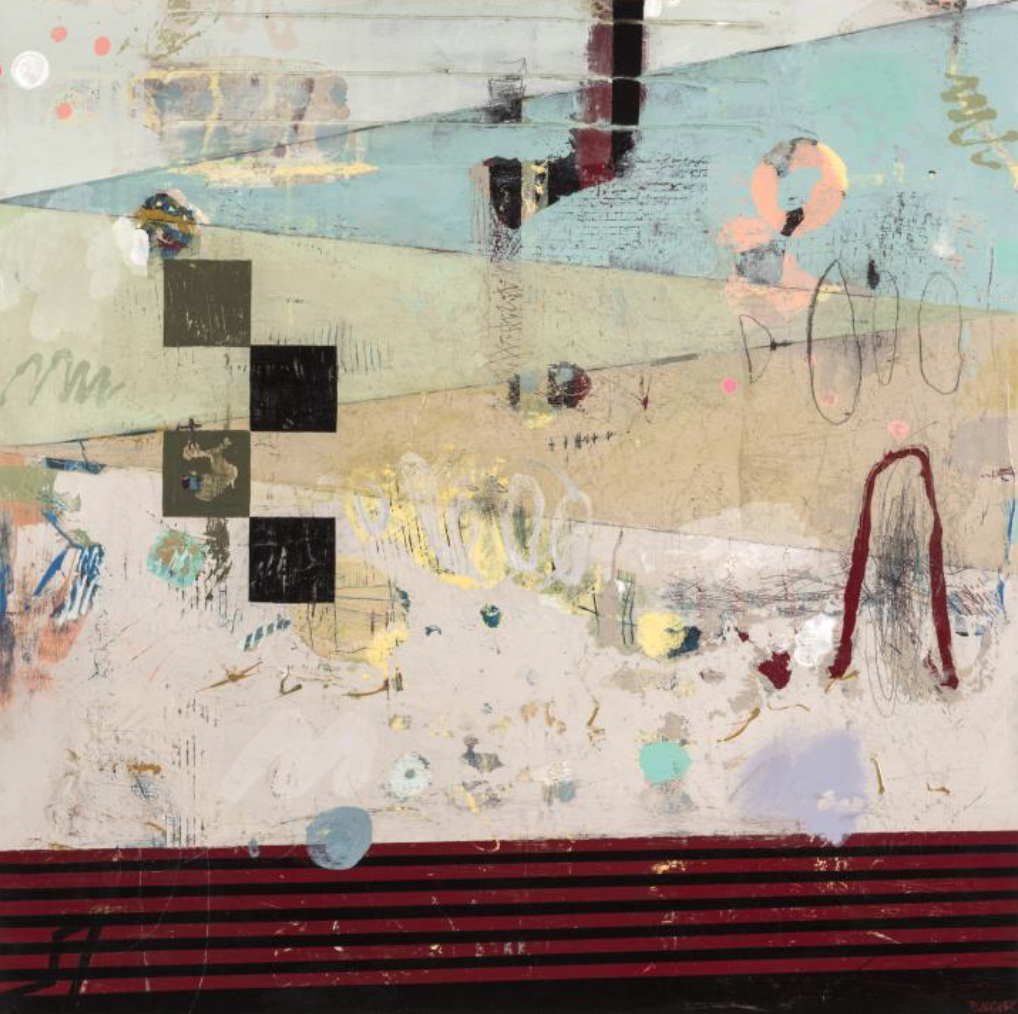 Abstract wall art with mixed textures, colors, and shapes.