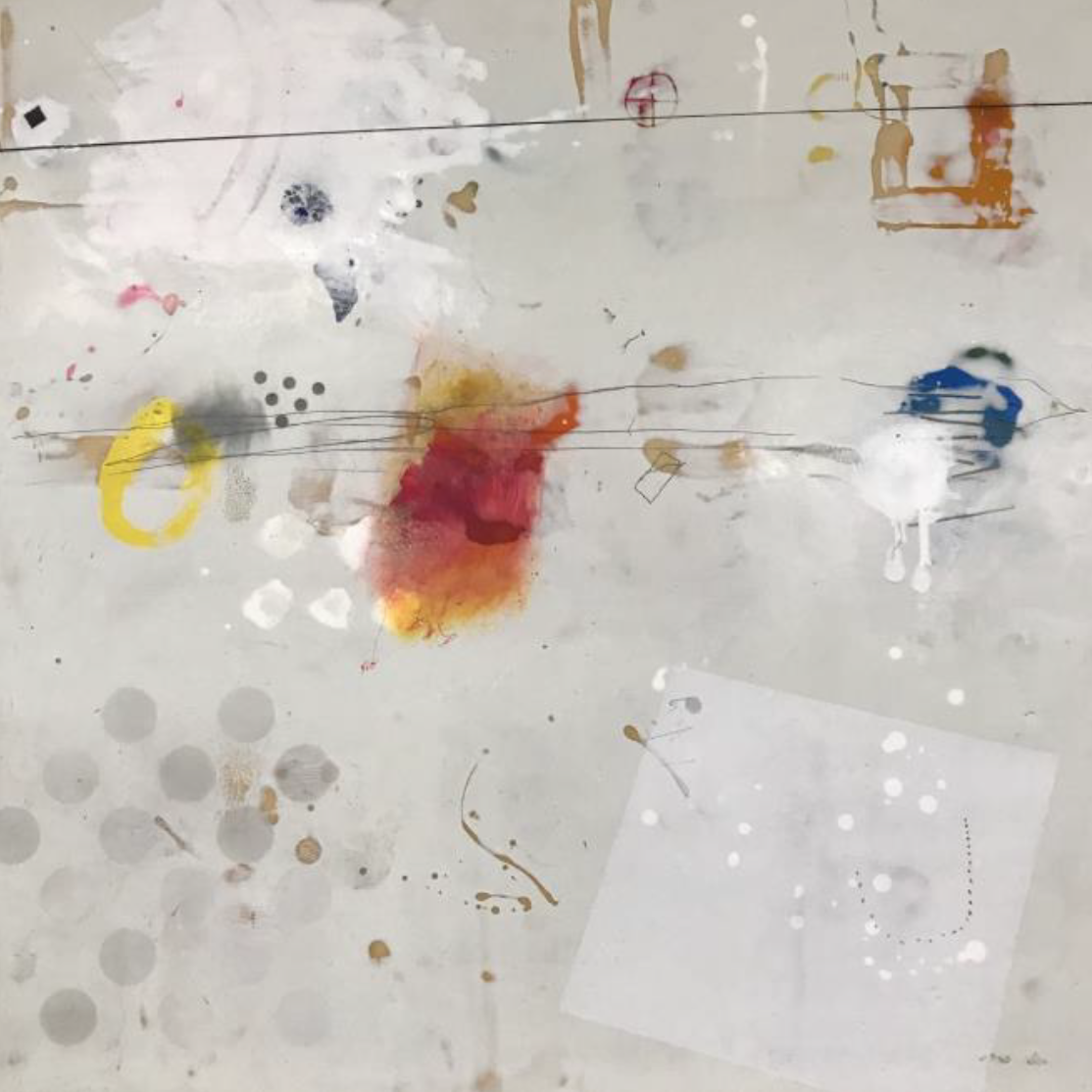 Abstract art with colorful paint smudges and paw prints on a white surface.