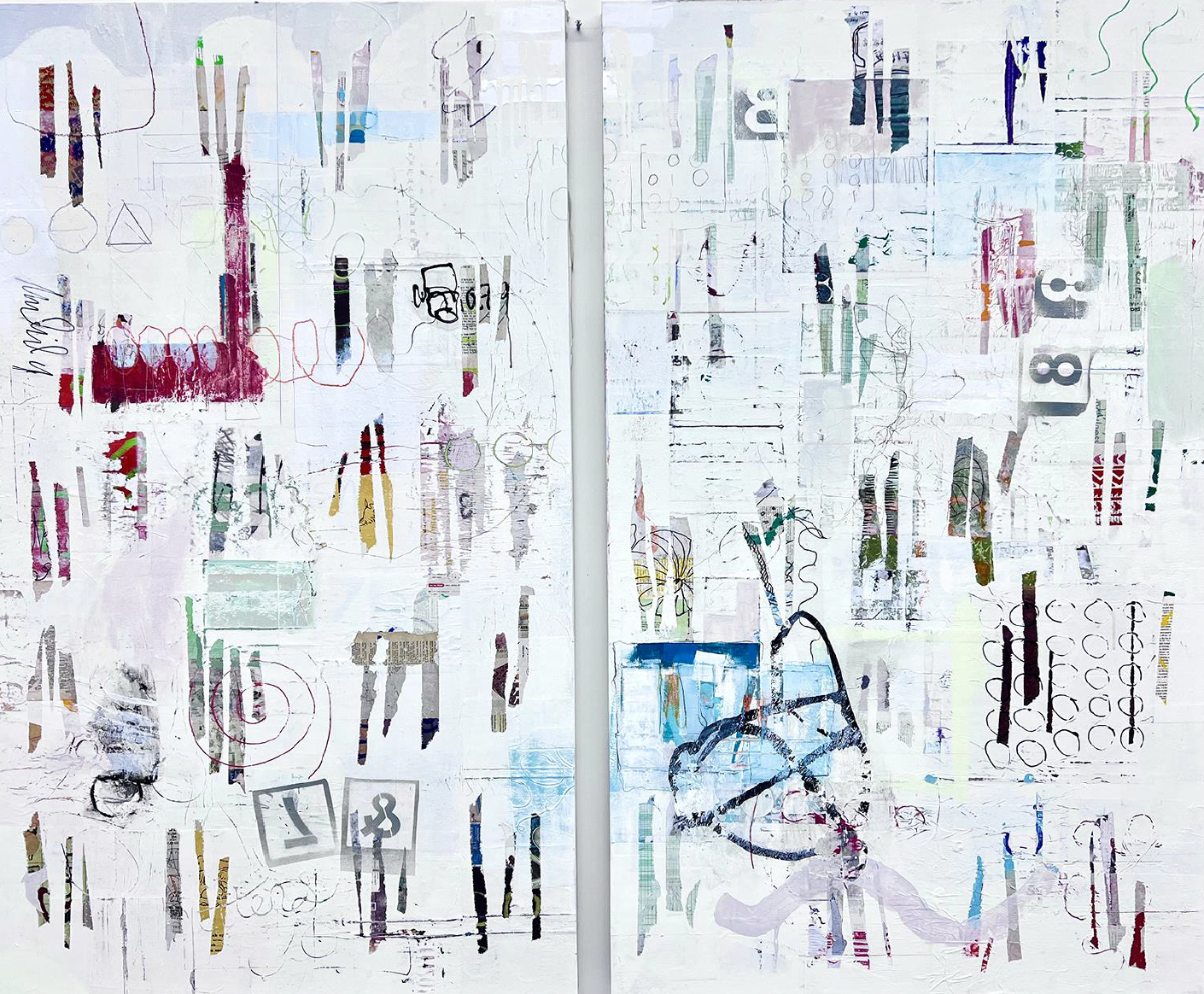 Abstract artwork with colorful lines and shapes on a light background.