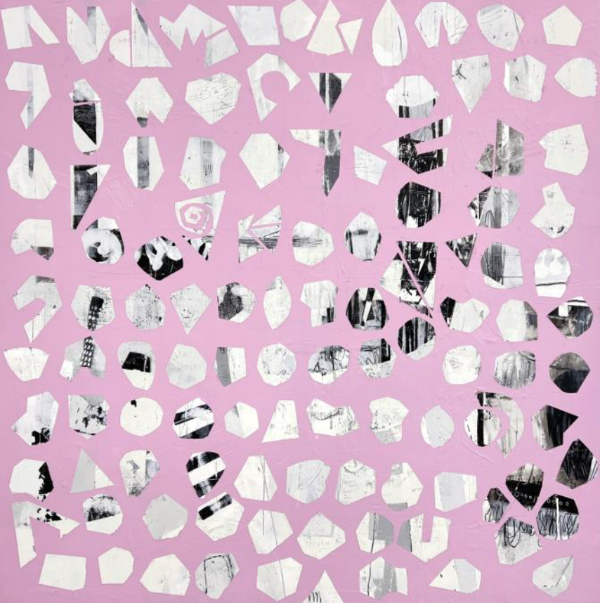 Abstract black and white shapes on a pink background.