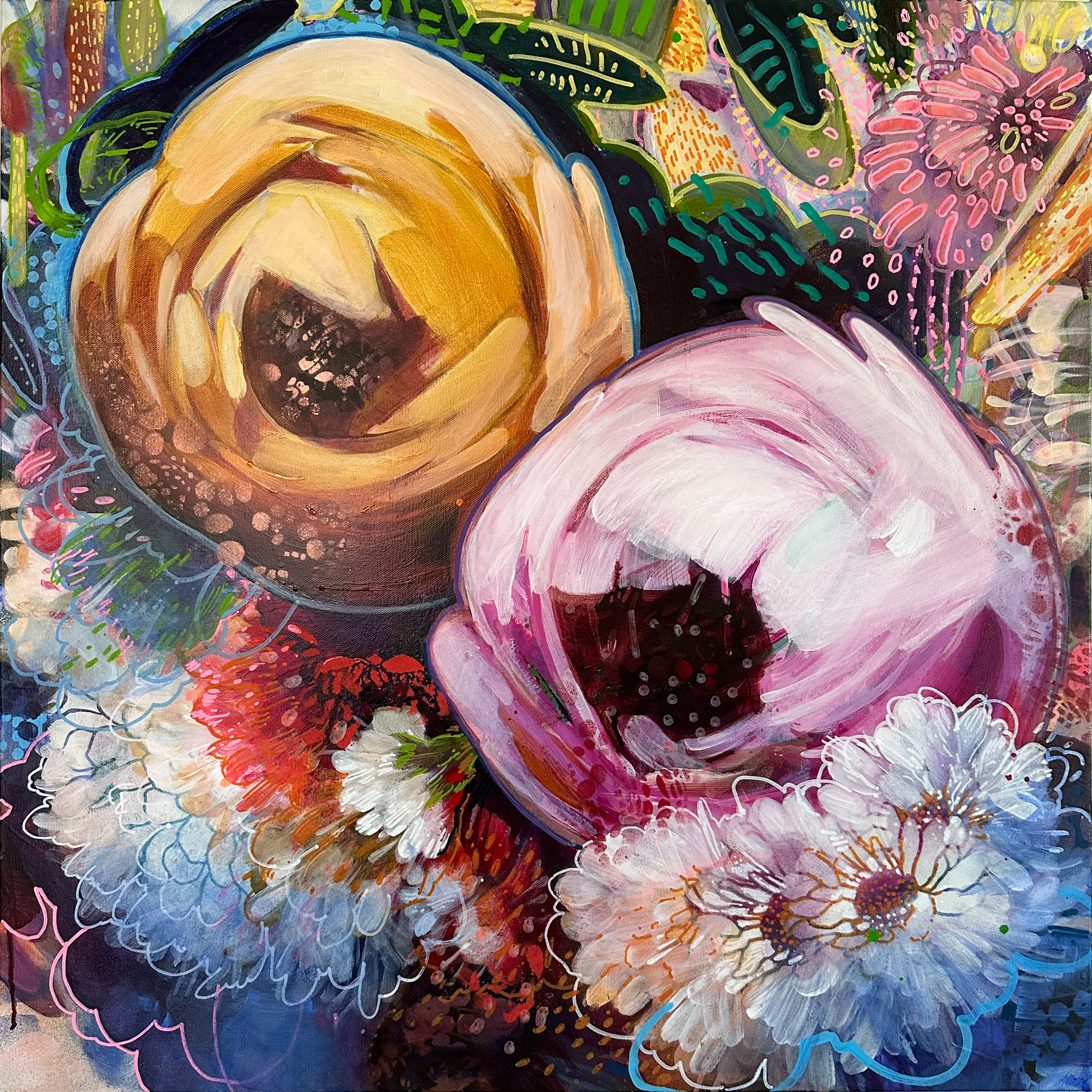 A vibrant floral painting with swirling petals and rich colors.