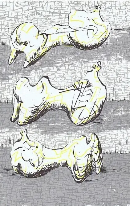 Sketch of three animal skulls with distinct features, shaded in pencil.
