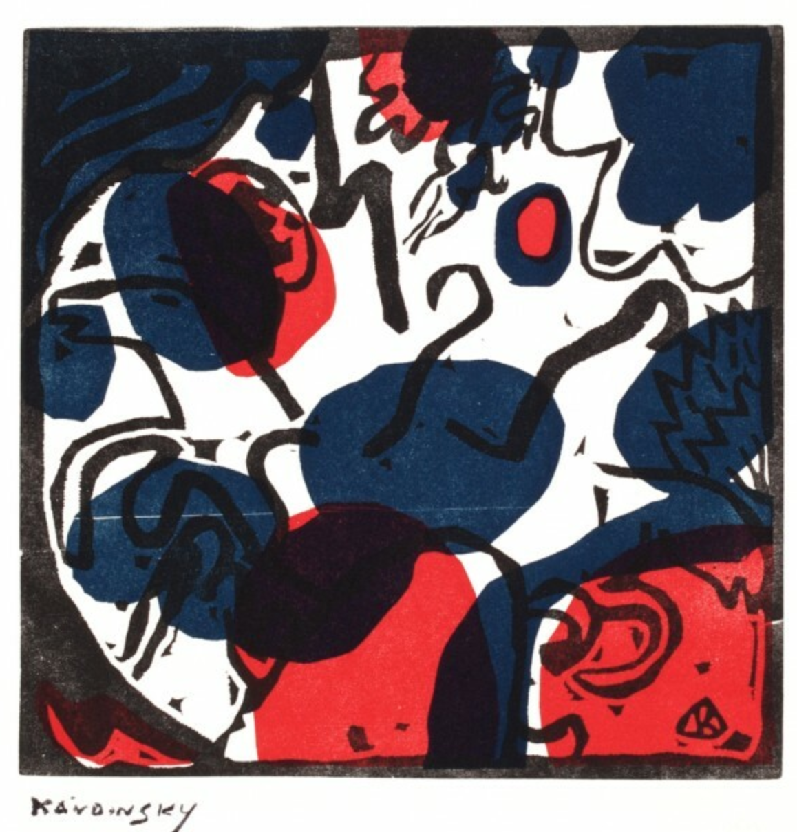 Abstract artwork with bold red, black, and blue shapes on a white background. Abstract artwork with bold red, black, and blue shapes on a white background.