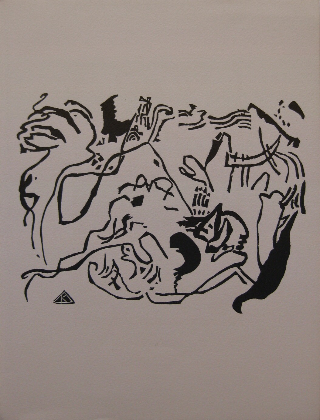 Abstract black ink drawing with various animal and human-like figures.