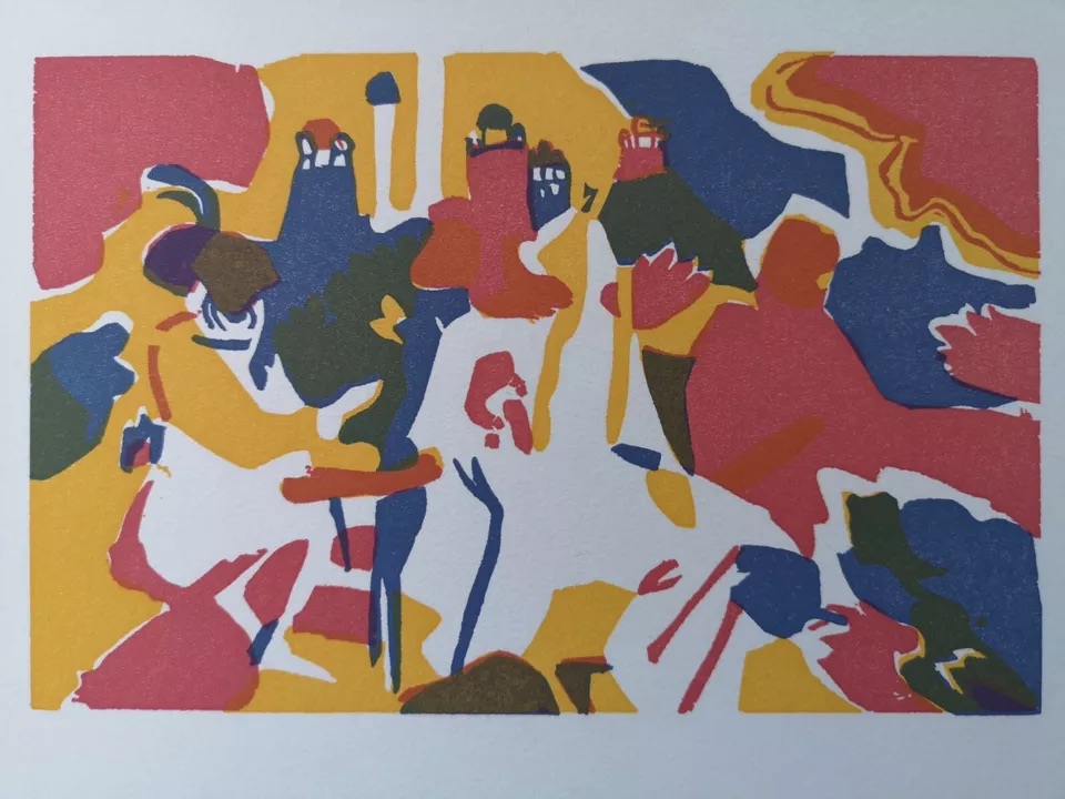 Colorful abstract artwork featuring dynamic human silhouettes in motion.