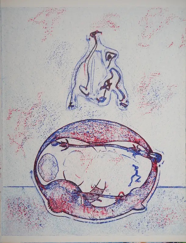 Abstract sketch featuring a distorted figure and an oval shape with intricate details.