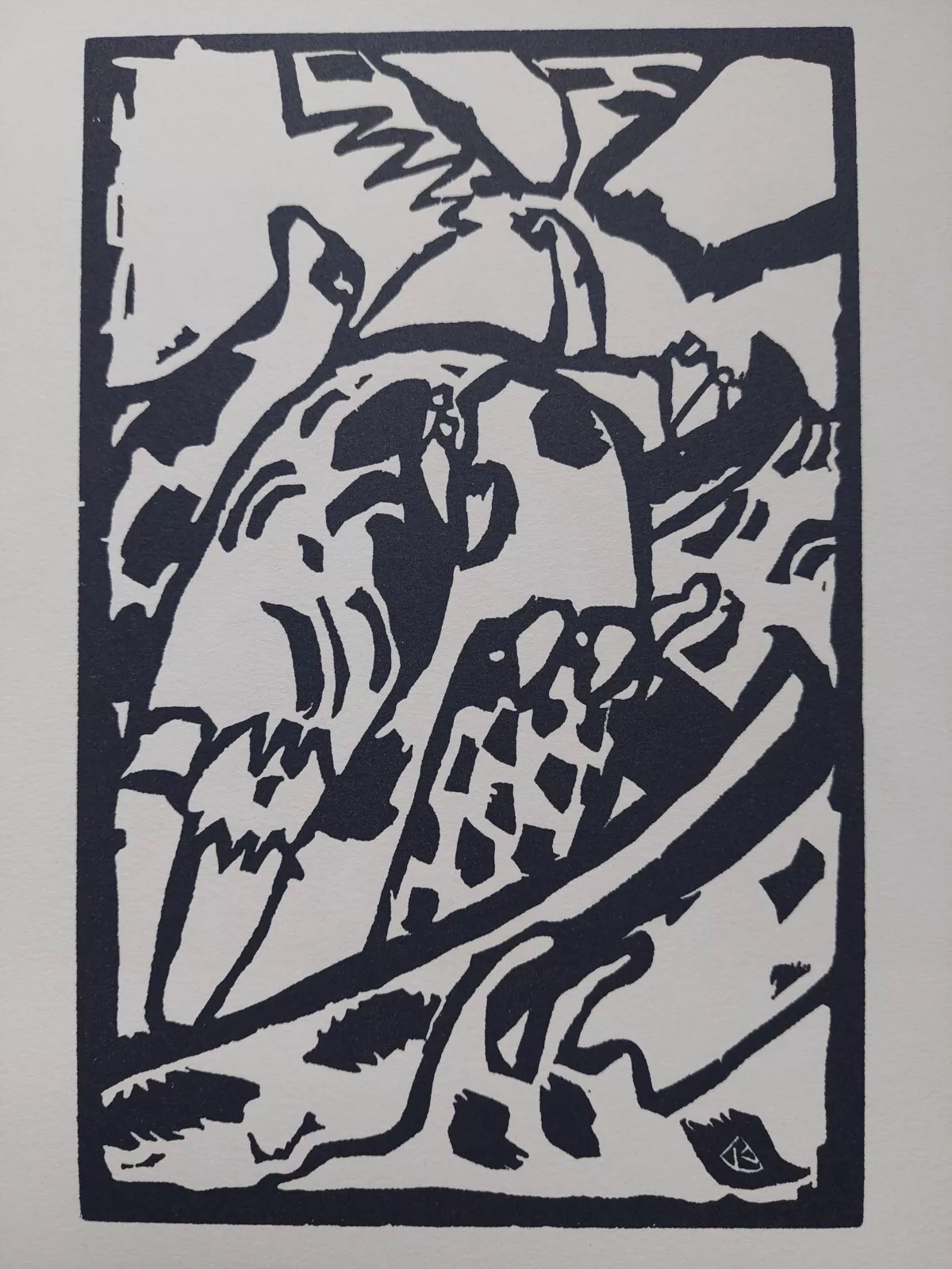 Black and white abstract bird in a tree branch illustration.