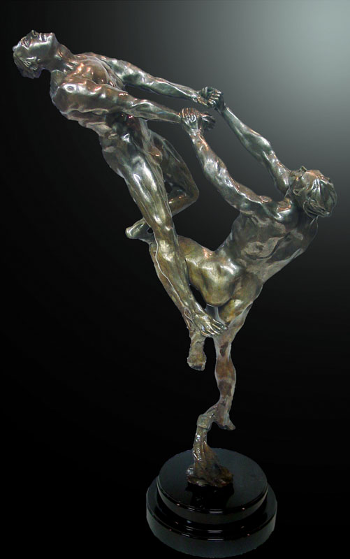 A metallic sculpture of intertwined human figures in dynamic poses.