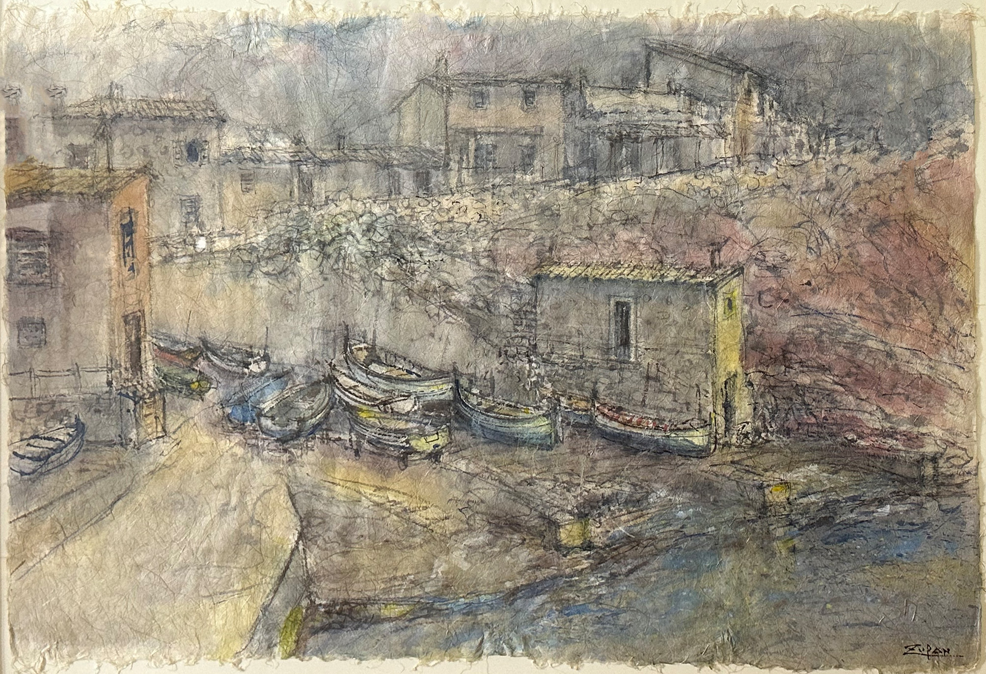 Impressionistic painting of a harbor with boats and buildings in muted tones. Impressionistic painting of a harbor with boats and buildings in muted tones.