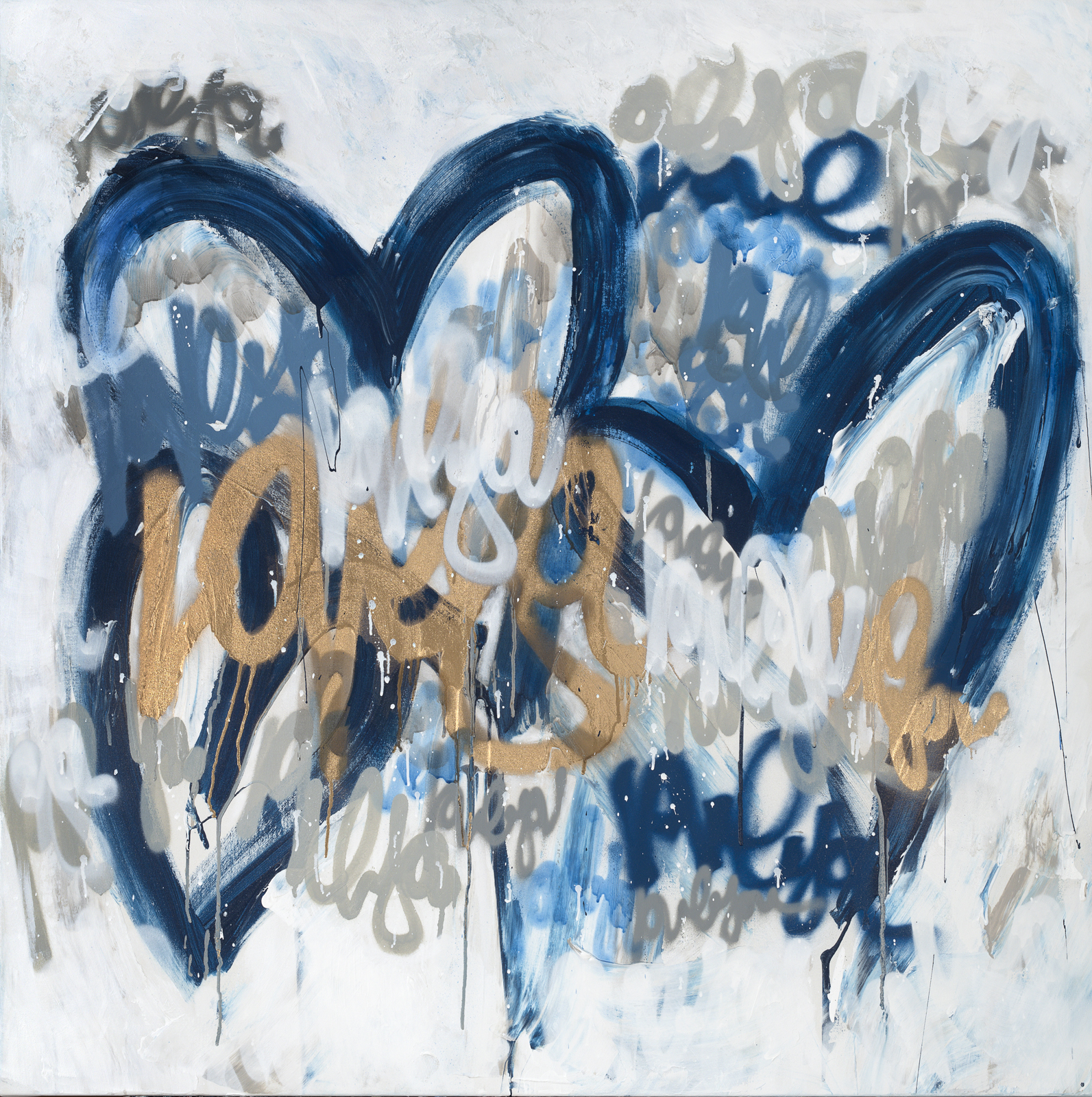 Abstract painting with two blue hearts and layered text in gold and blue.