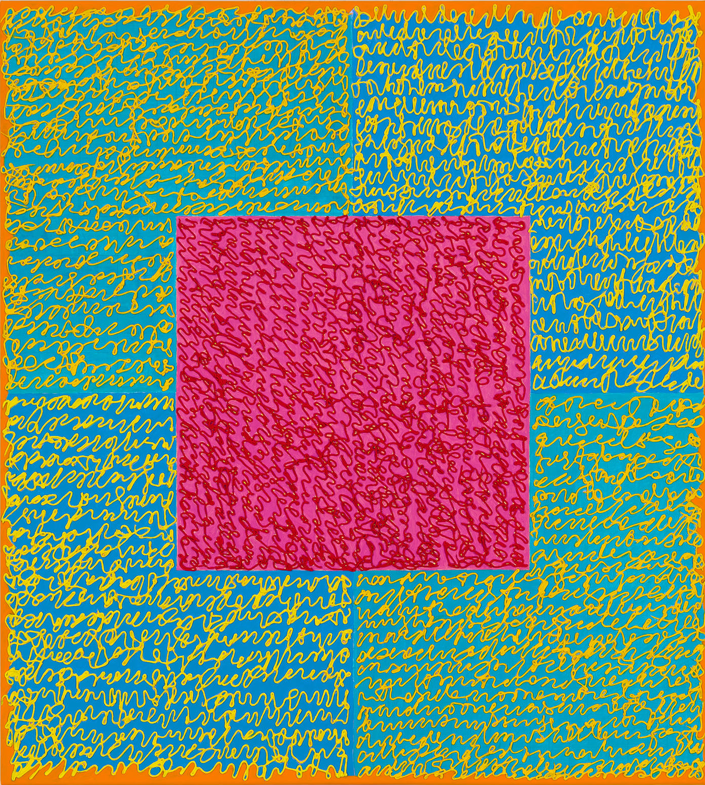Abstract artwork featuring a vibrant pink square surrounded by intricate blue and orange patterns.