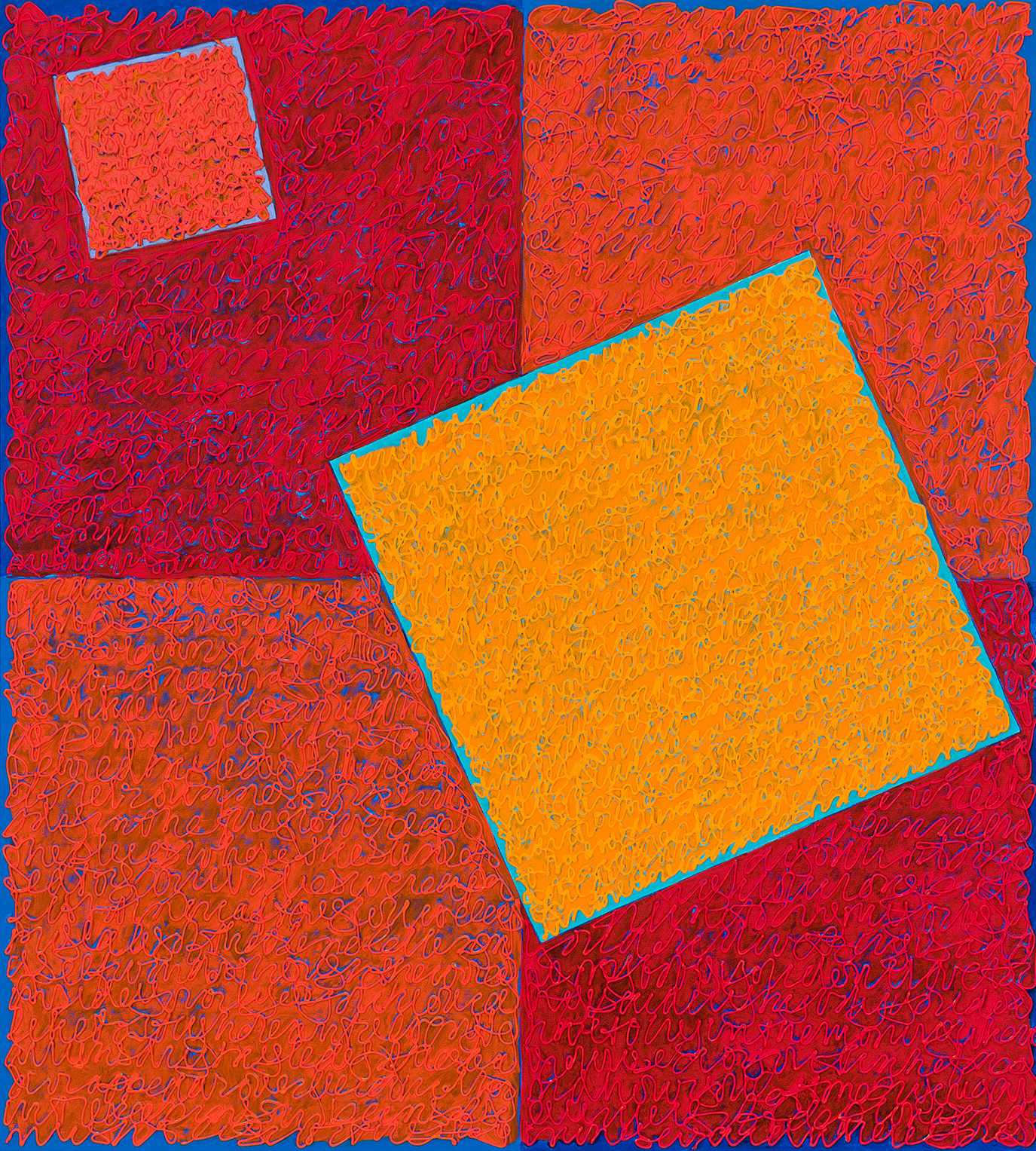 Abstract geometric art with overlapping red and orange squares.
