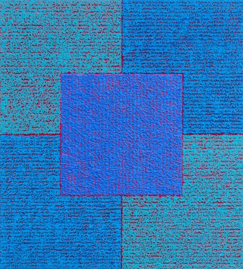 Abstract painting with overlapping blue and turquoise squares.
