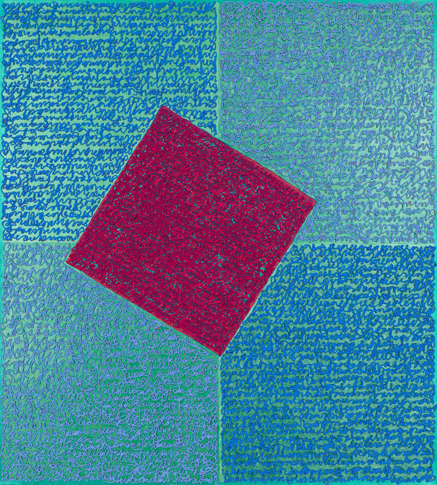 Abstract artwork with a tilted purple square on a textured blue background. Abstract artwork with a tilted purple square on a textured blue background.