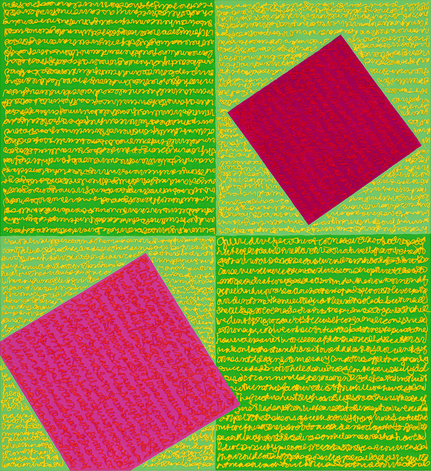 Abstract art with green text blocks and two tilted red squares. Abstract art with green text blocks and two tilted red squares.