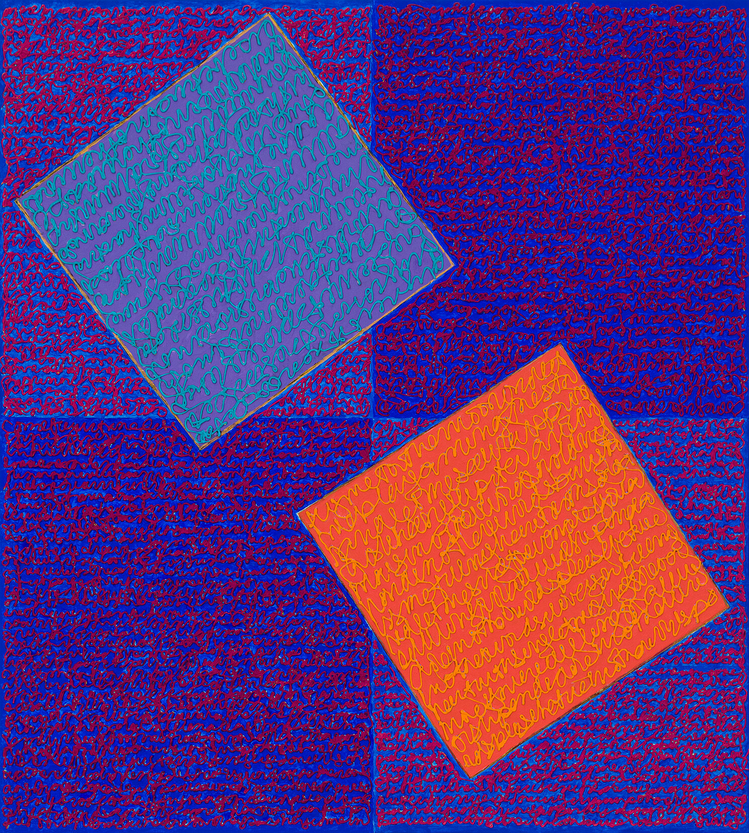 Abstract art with overlapping blue and orange squares on a textured purple background. Abstract art with overlapping blue and orange squares on a textured purple background.