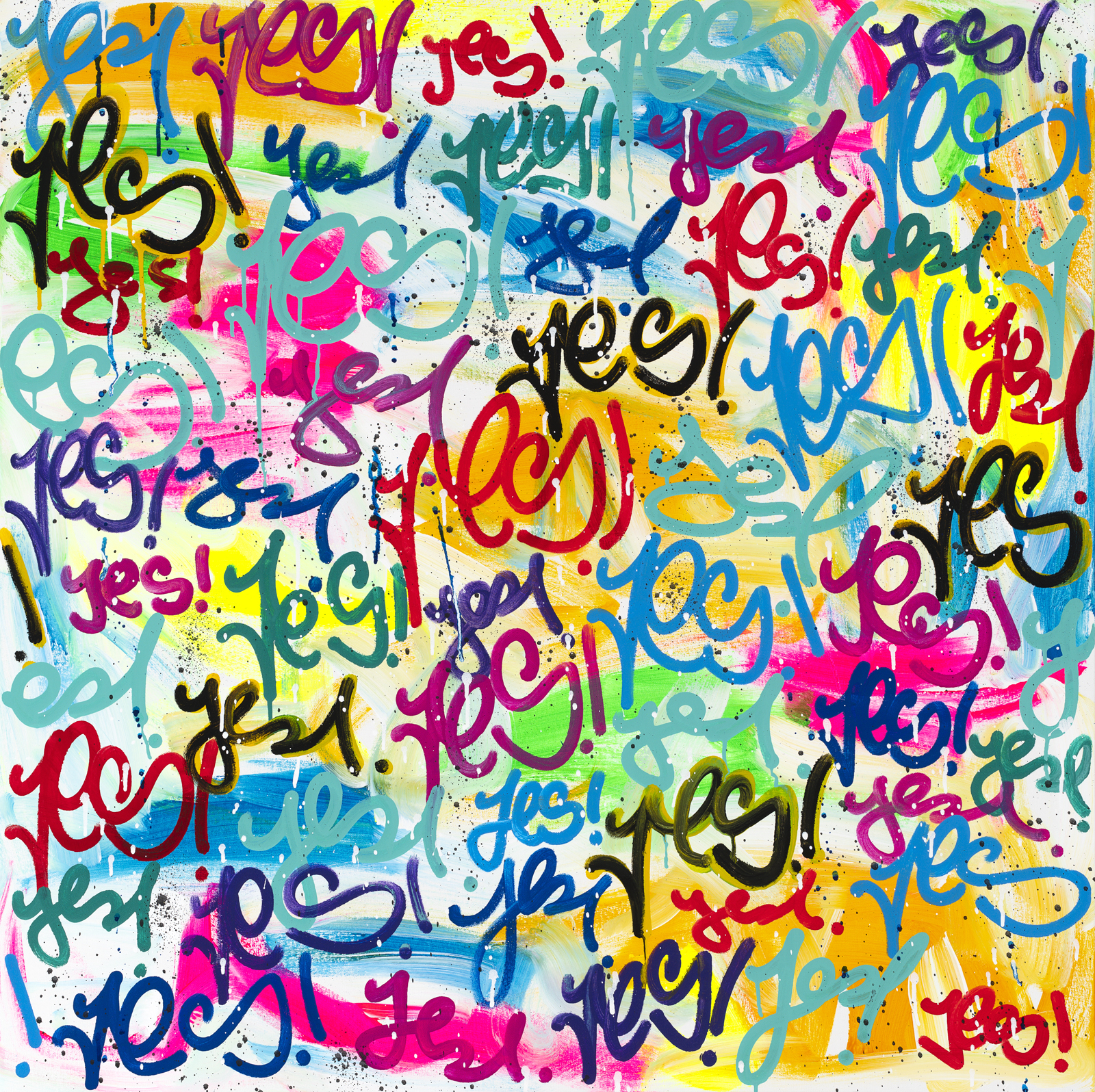 Colorful graffiti-style 'yes!' text repeated in various vibrant colors.