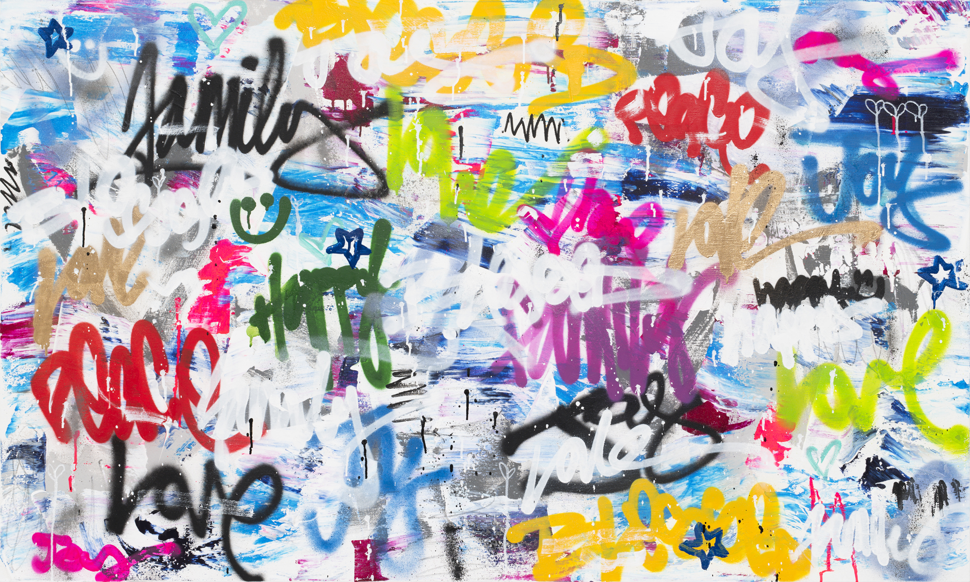 Colorful graffiti with various words and symbols on a wall.