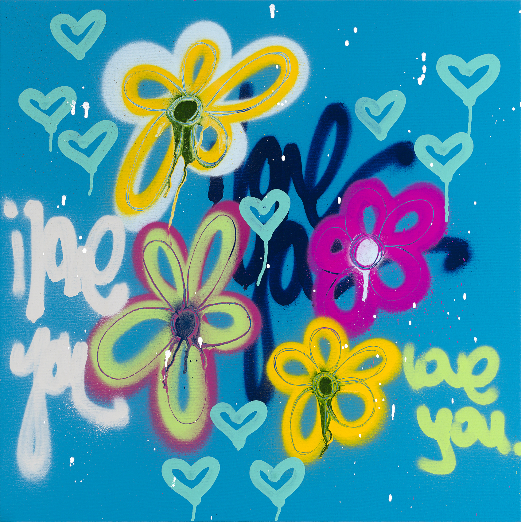 Colorful graffiti flowers with 'love you' message on blue wall.