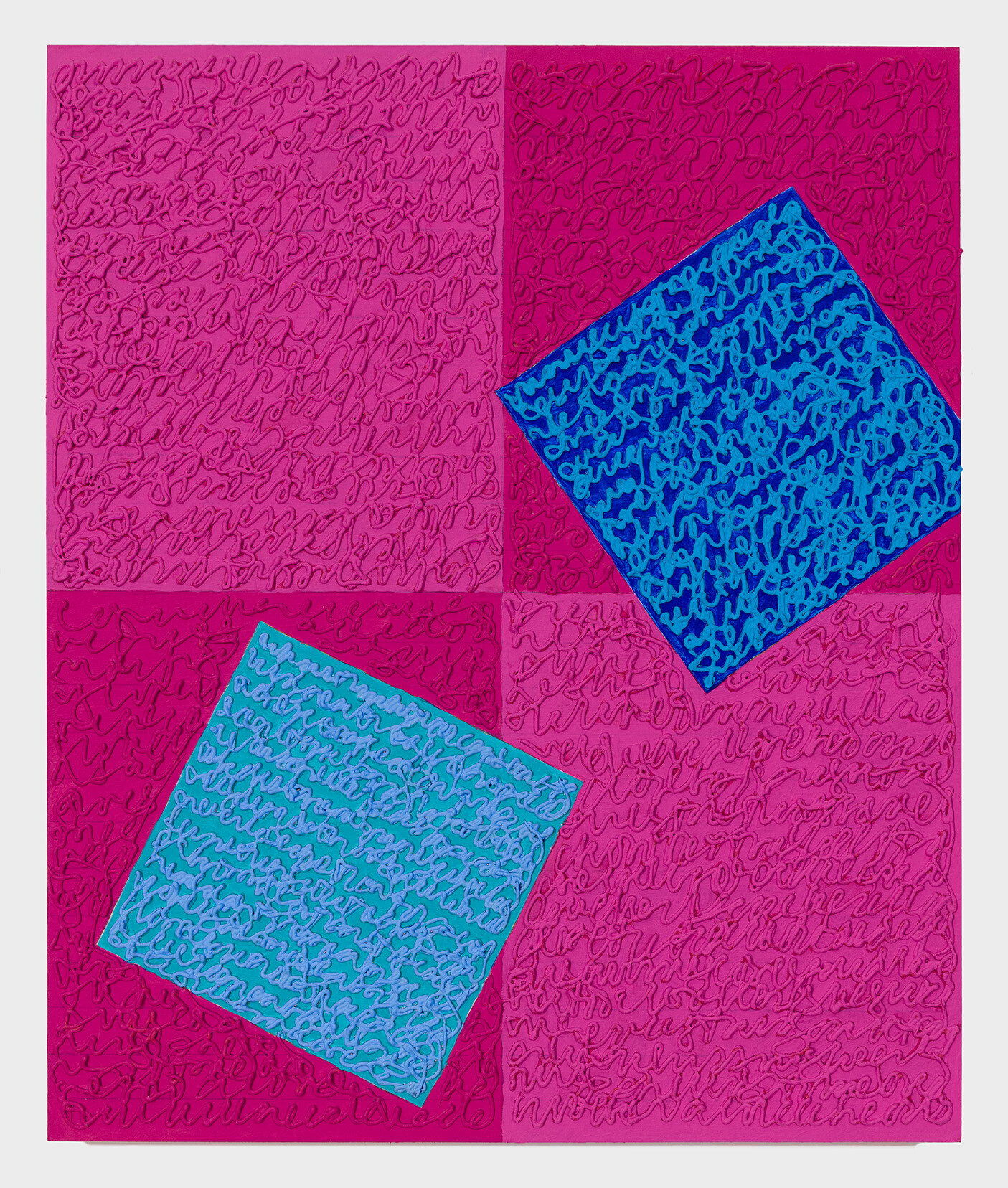 Abstract art with two blue squares on a pink-purple textured background. Abstract art with two blue squares on a pink-purple textured background.