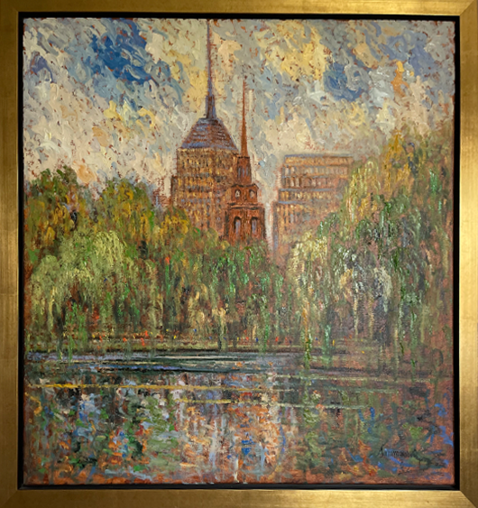 Impressionist painting of a cityscape with a church and a reflective river.