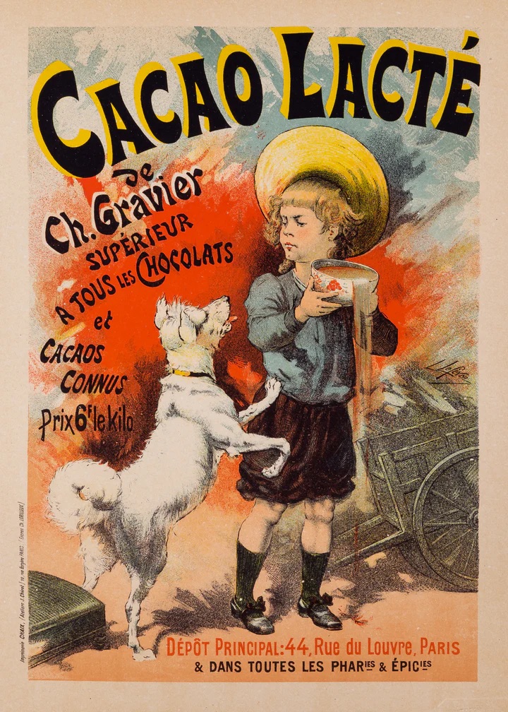Vintage poster of a boy with goats promoting Cacao Lacté. Vintage poster of a boy with goats promoting Cacao Lacté.
