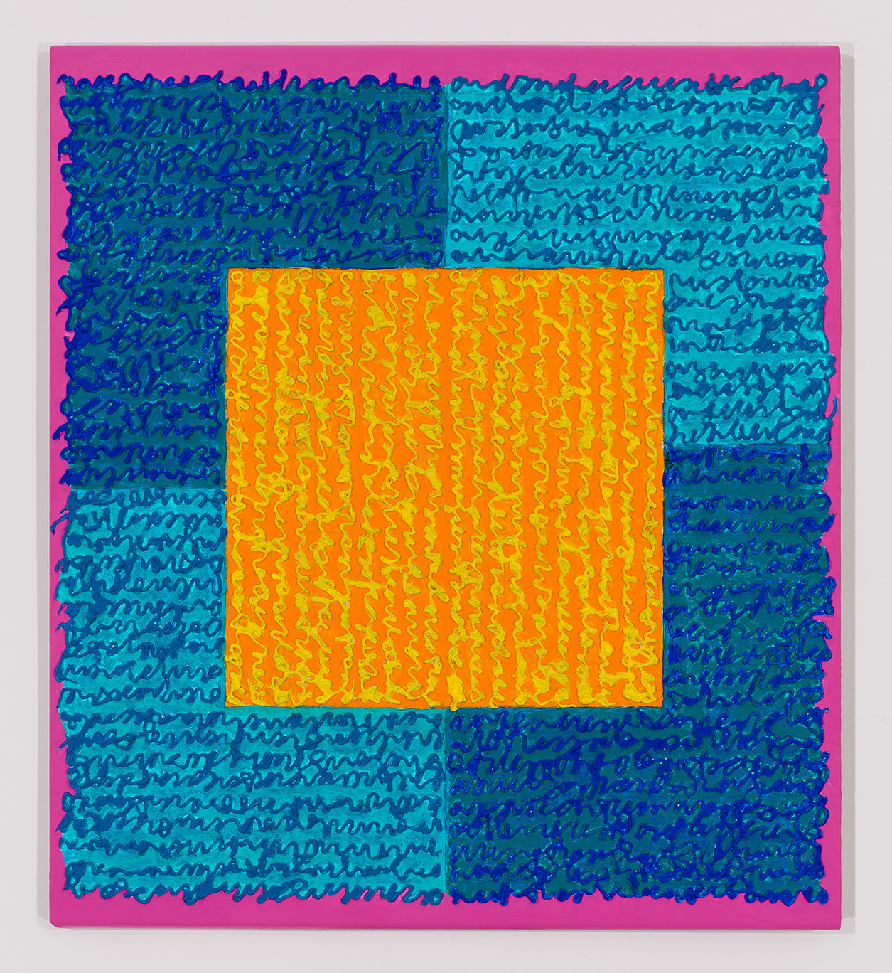 Colorful abstract square artwork with textured layers in blue and orange.