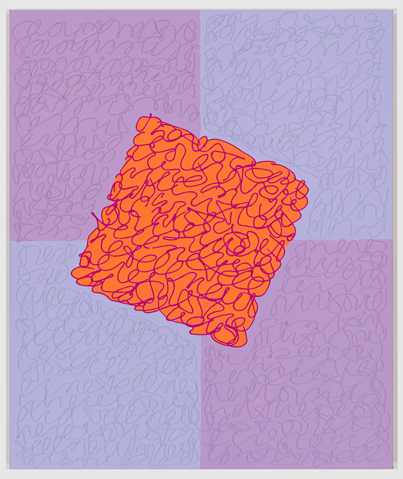 Abstract artwork with intertwined red shapes on a purple background.