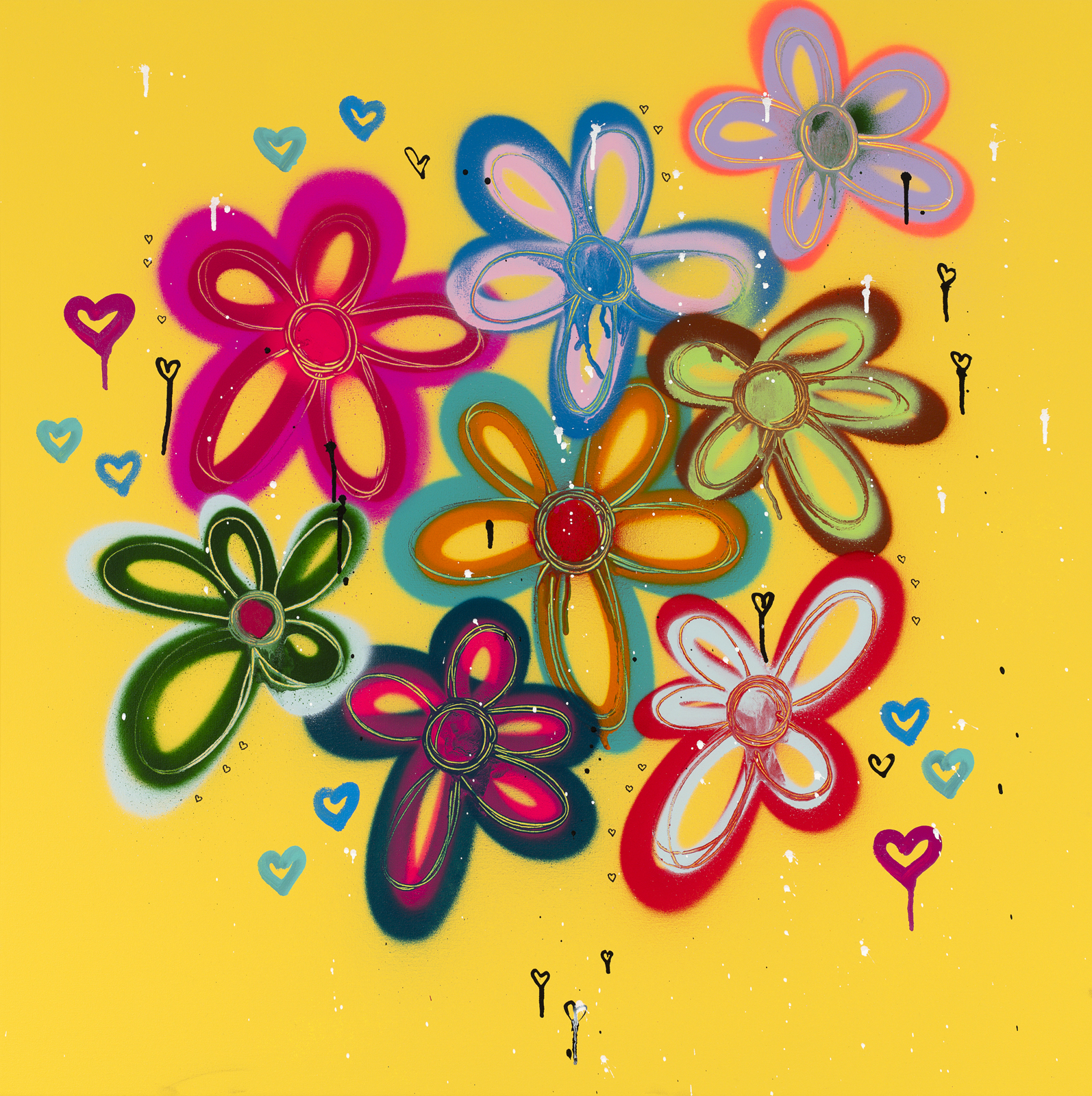 Colorful stylized flowers with hearts on a yellow background.