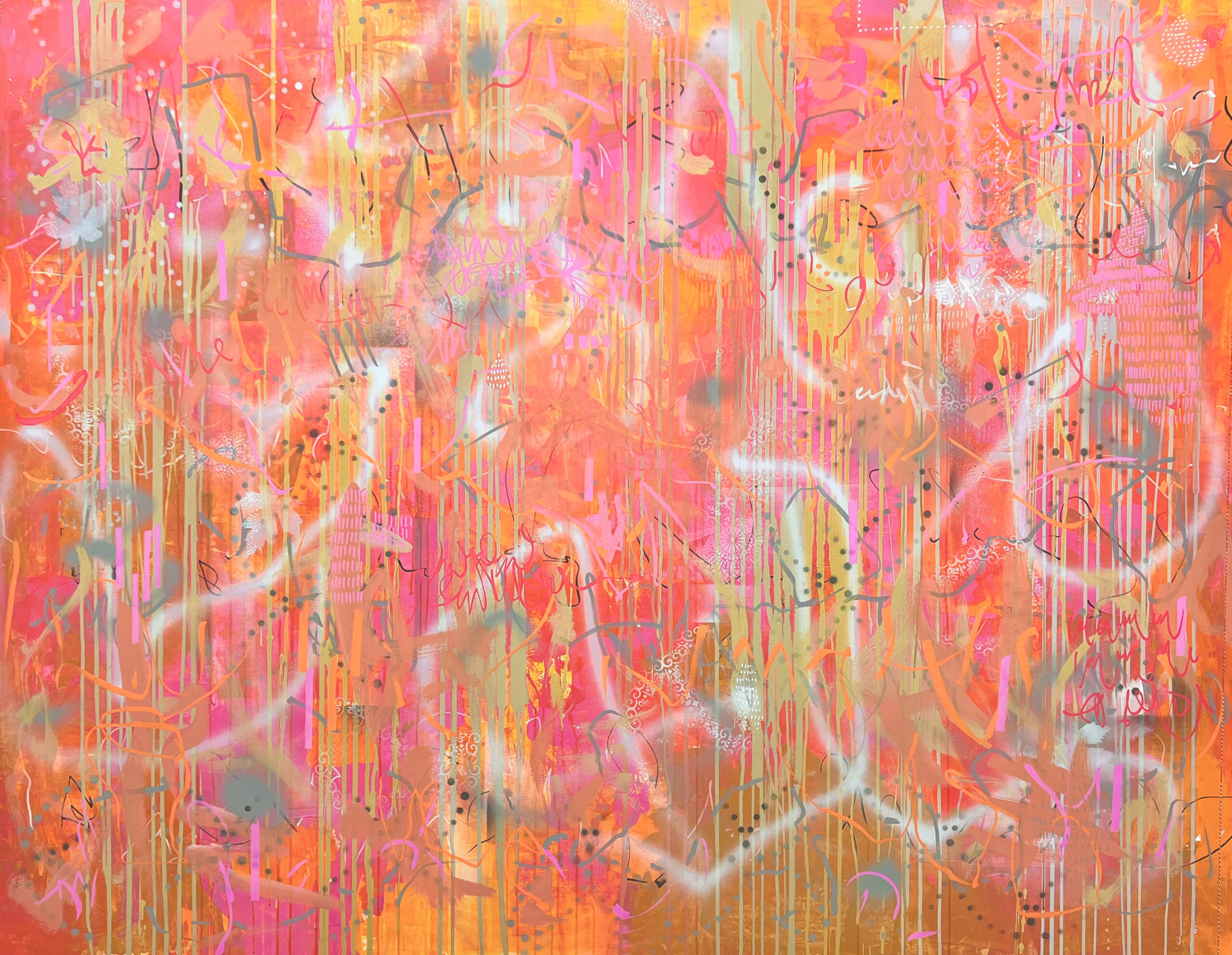 Abstract painting with vibrant pink and orange hues and white line patterns.