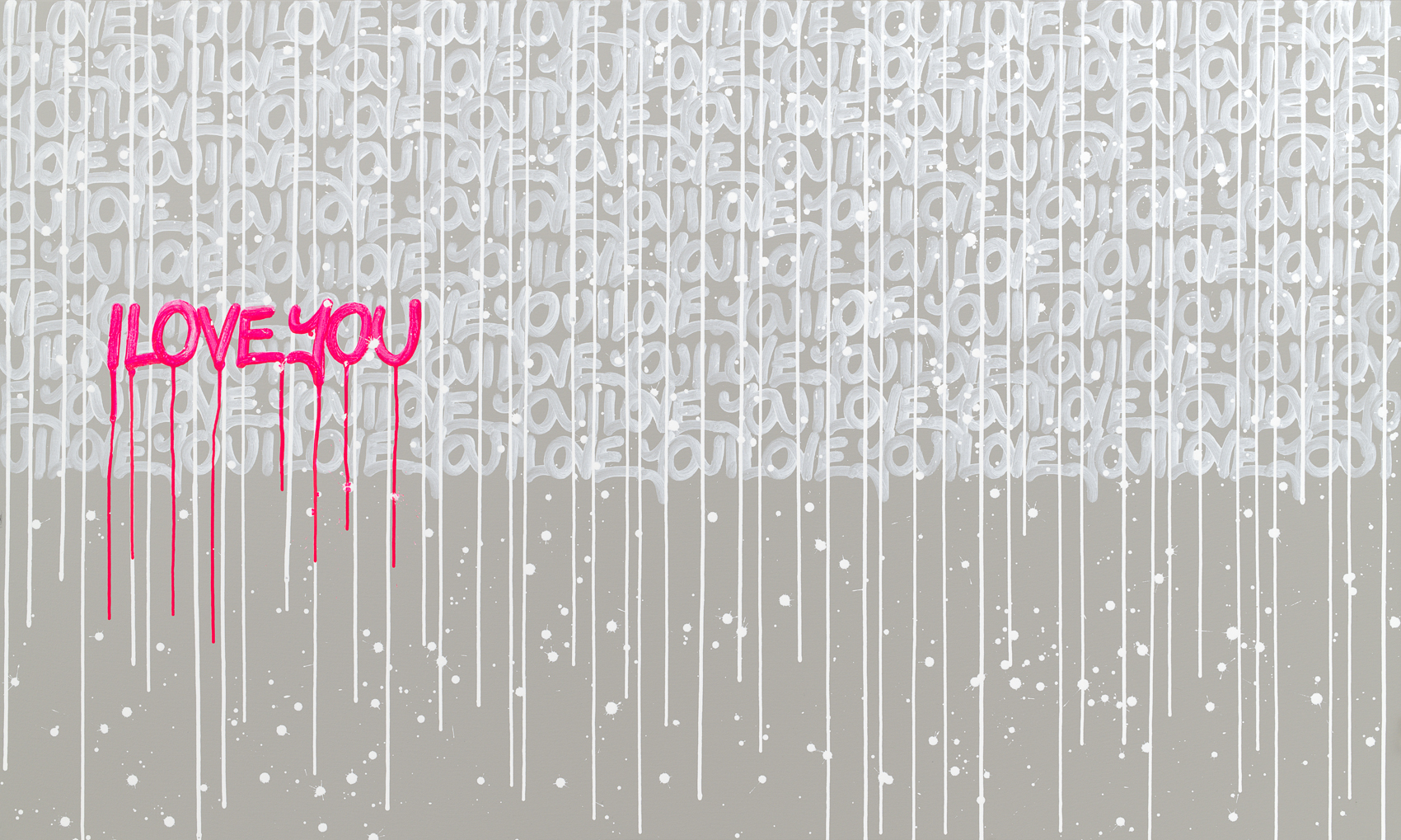 Graffiti-style 'I LOVE YOU' in bright pink on a gray wall with dripping paint.