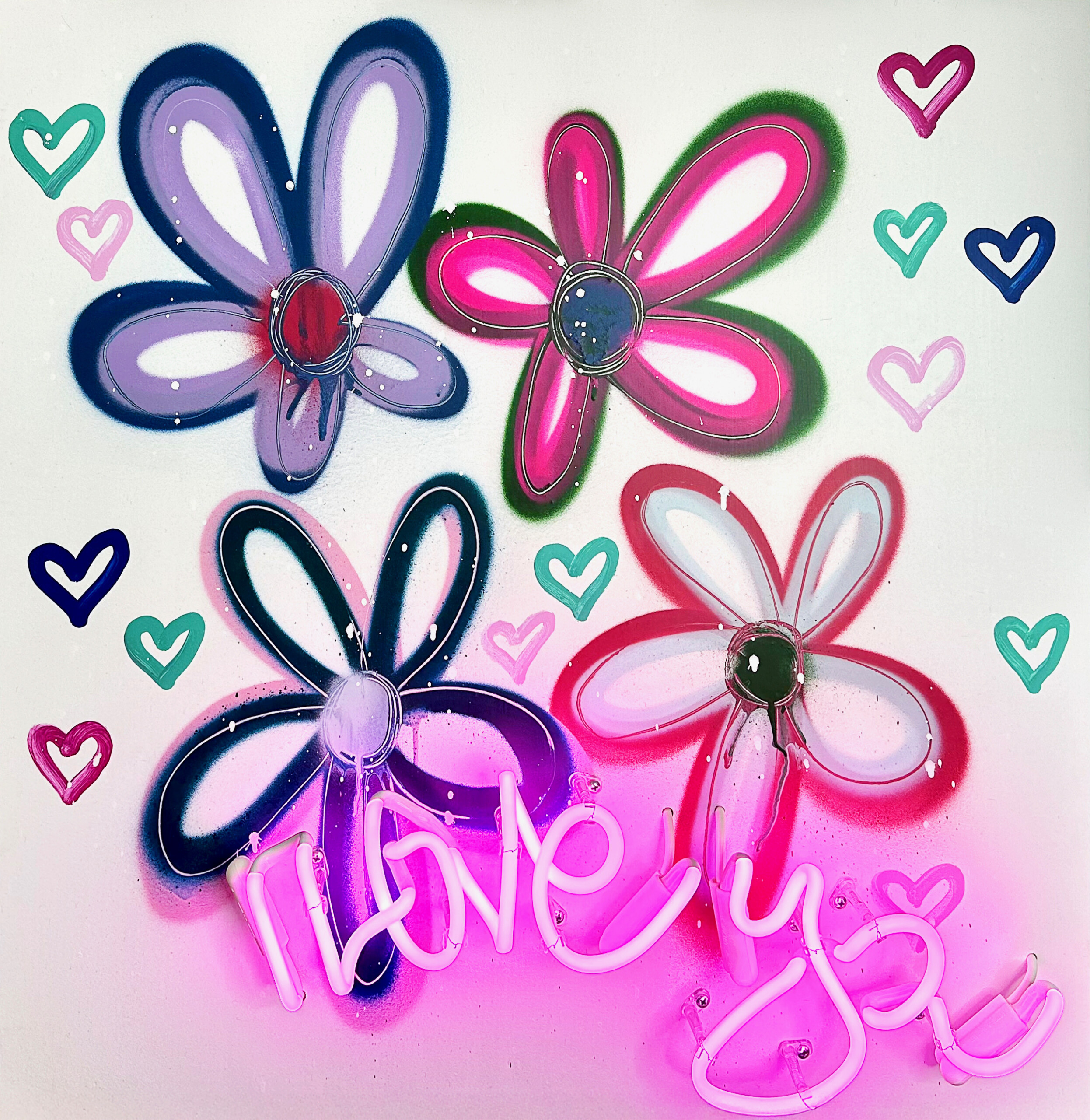 Neon-lit flowers and hearts with a glowing "love you" sign.