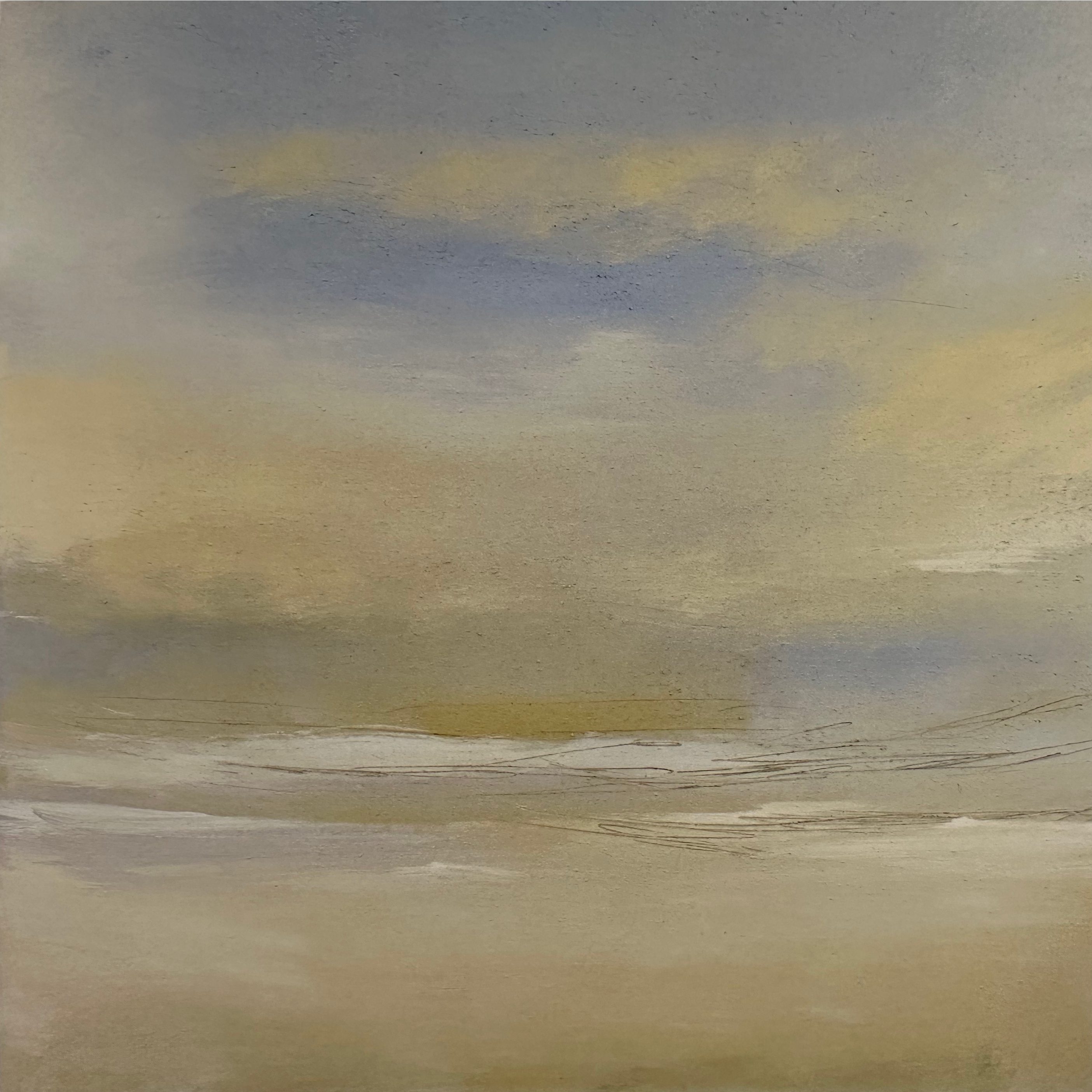 Abstract landscape painting with soft blue, beige, and gray tones. Abstract landscape painting with soft blue, beige, and gray tones.