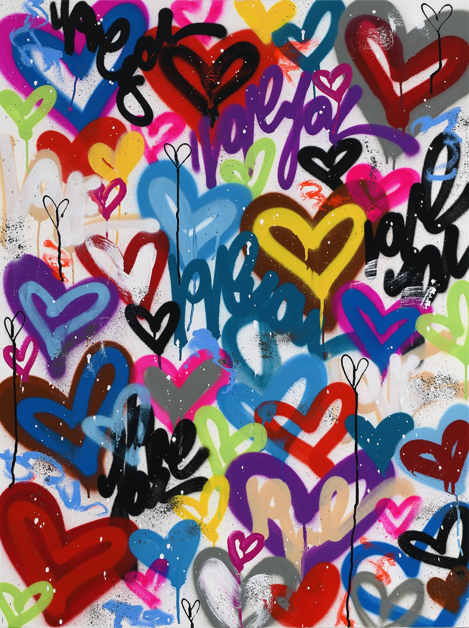 Colorful graffiti of overlapping hearts in various styles and colors.