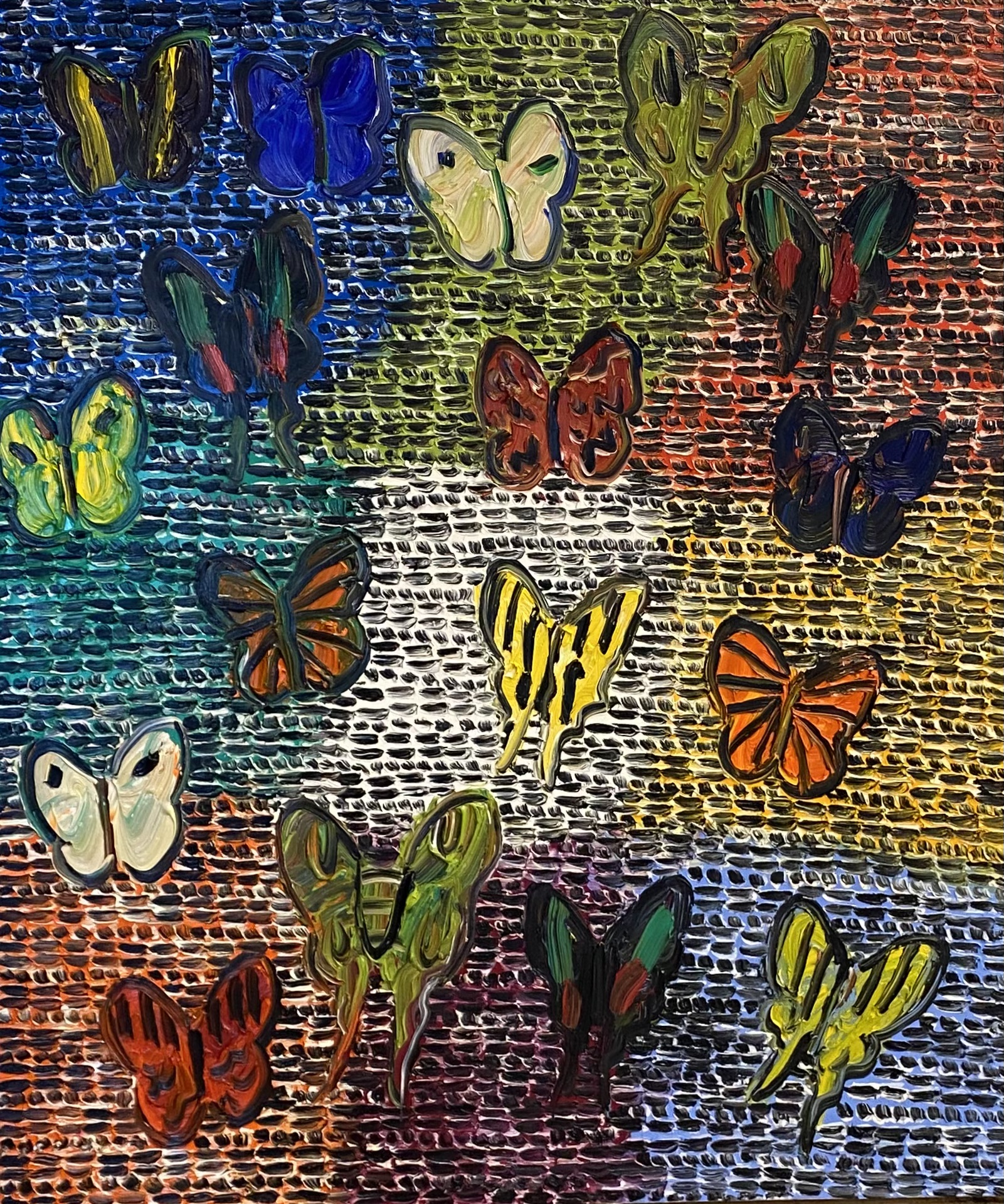 Colorful butterflies painted over a textured background of handwritten text. Colorful butterflies painted over a textured background of handwritten text.