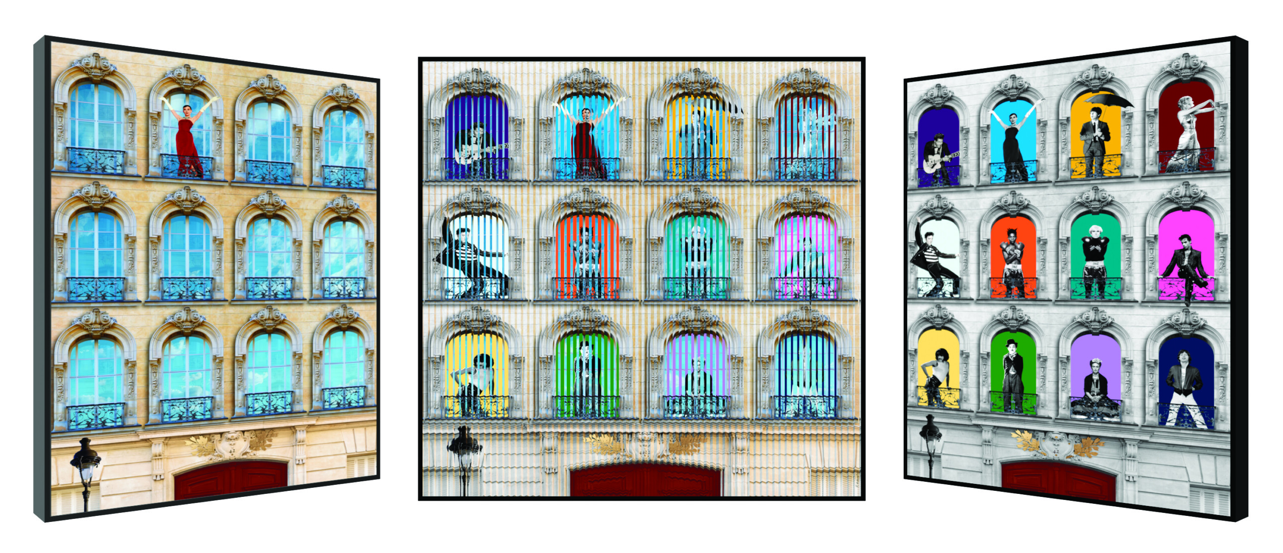 Display of colorful vintage-style lanterns in glass cases.