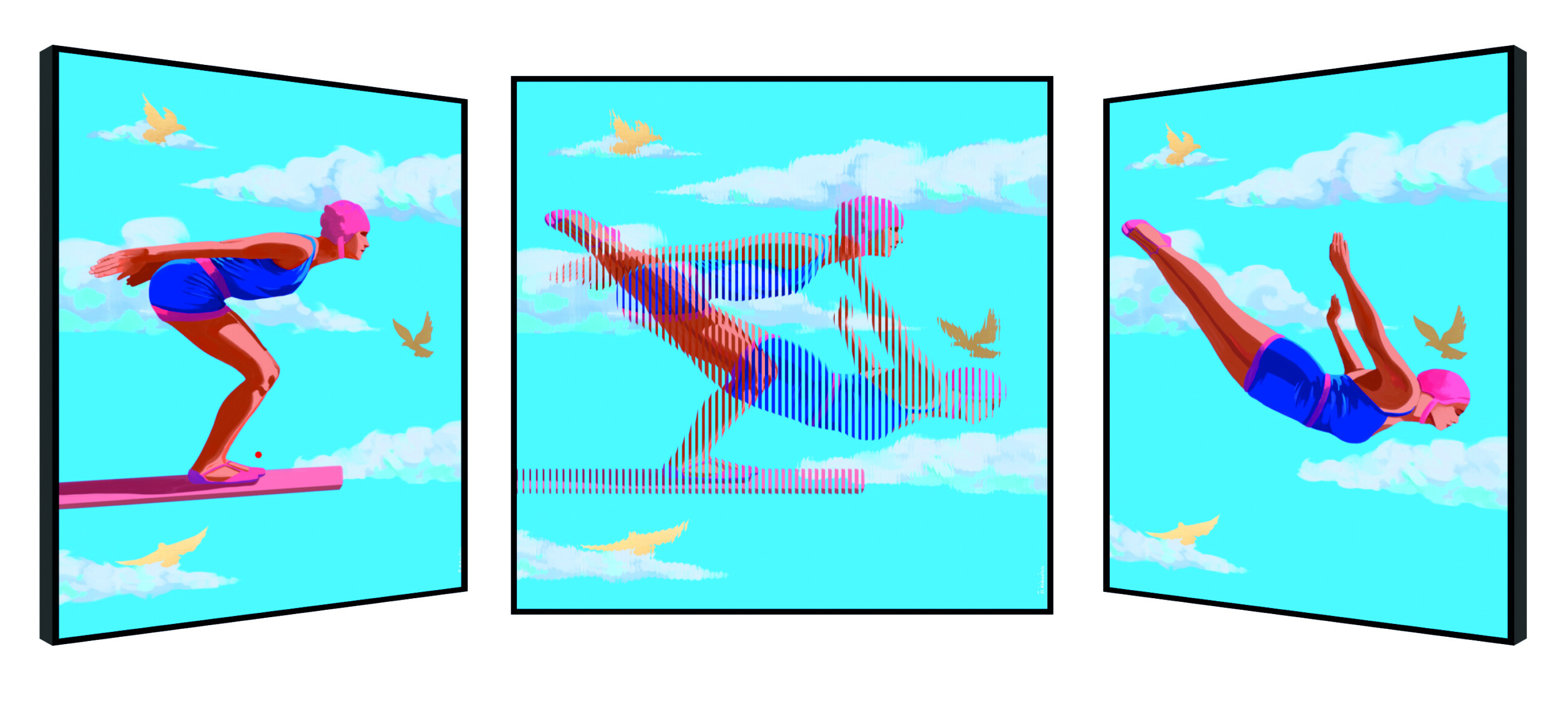 Three-panel artwork showing a swimmer diving into water with dynamic motion.