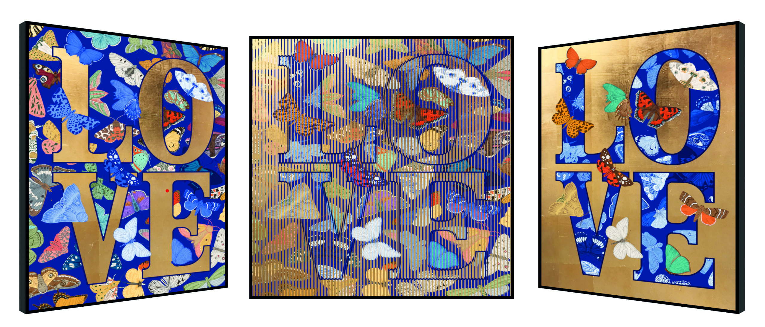 Colorful abstract art spelling LOVE on three canvases.