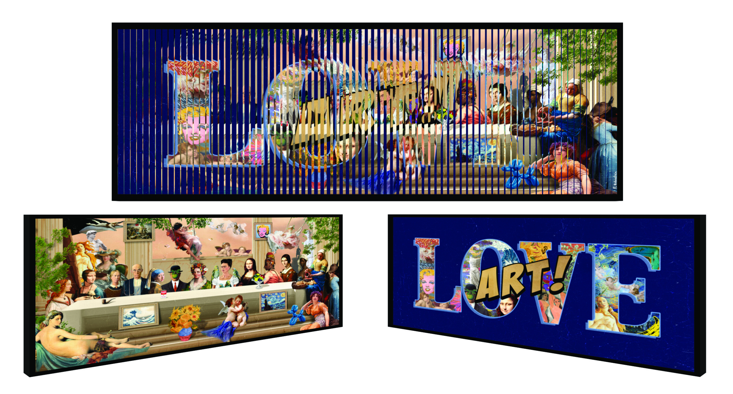 Three colorful 3D art pieces spelling ‘LOVE’ with diverse characters and scenes. Three colorful 3D art pieces spelling 'LOVE' with diverse characters and scenes.